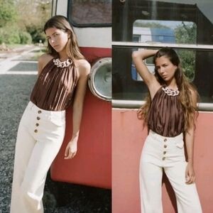 ZARA Linen Cotton Blend Denim Button Front Pant Trouser Wide Leg Size 4 NWOT